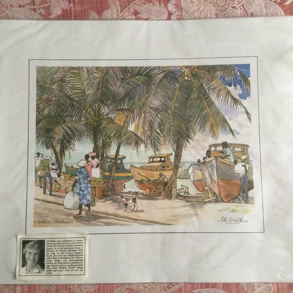 Jill Walker's print Oistinis Barbados with palm trees 16" x 12" - Picture 1 of 6